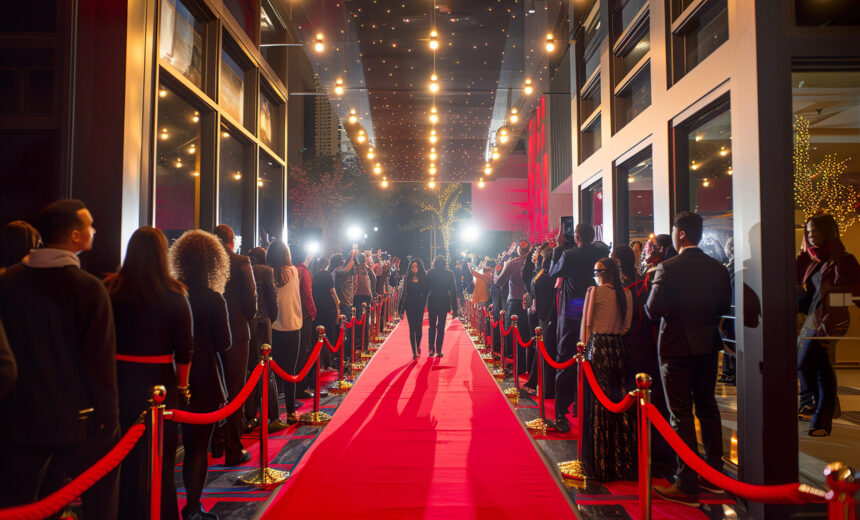 A red carpet is laid out in a large room with a crowd of people walking down it. Scene is celebratory and festive, as the people are likely attending a special event or ceremony