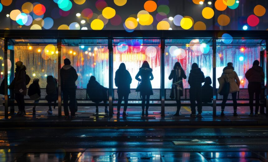 A line of diverse people waiting at a bus stop, their silhouettes outlined against the bright city lights at night